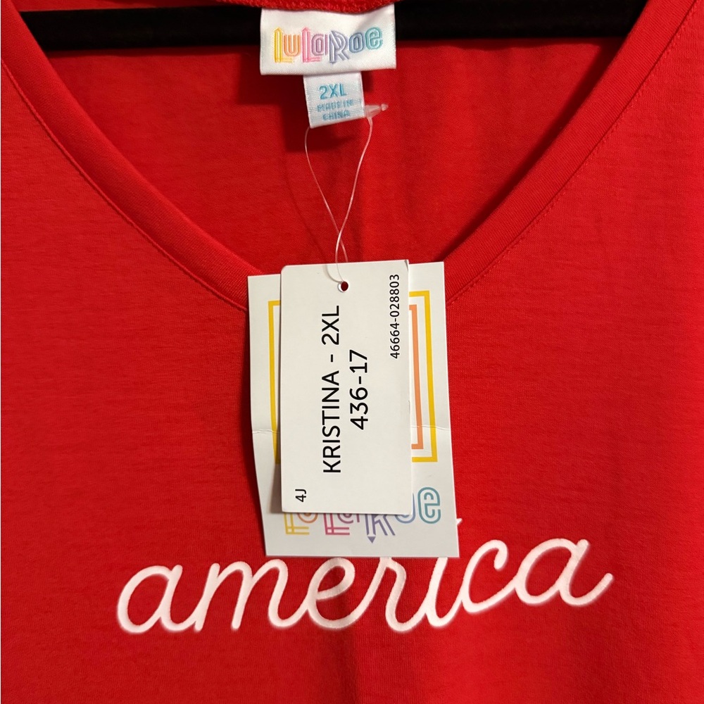 LuLaRoe Kristina Vibrant Red 'America' Tee NWT Size 2XL